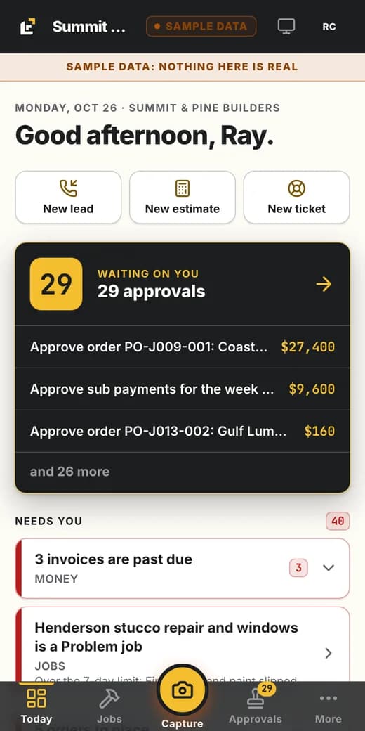 The same owner's priorities on a phone. Sample company data.