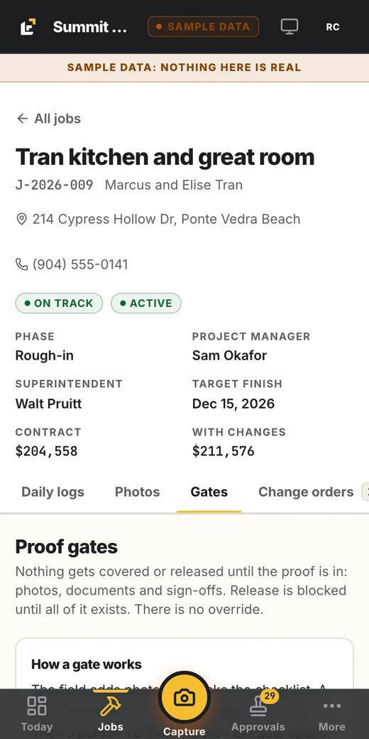 Liftoff52 proof gates on a phone for a kitchen and great room job: how a gate works, with no override. Sample data.