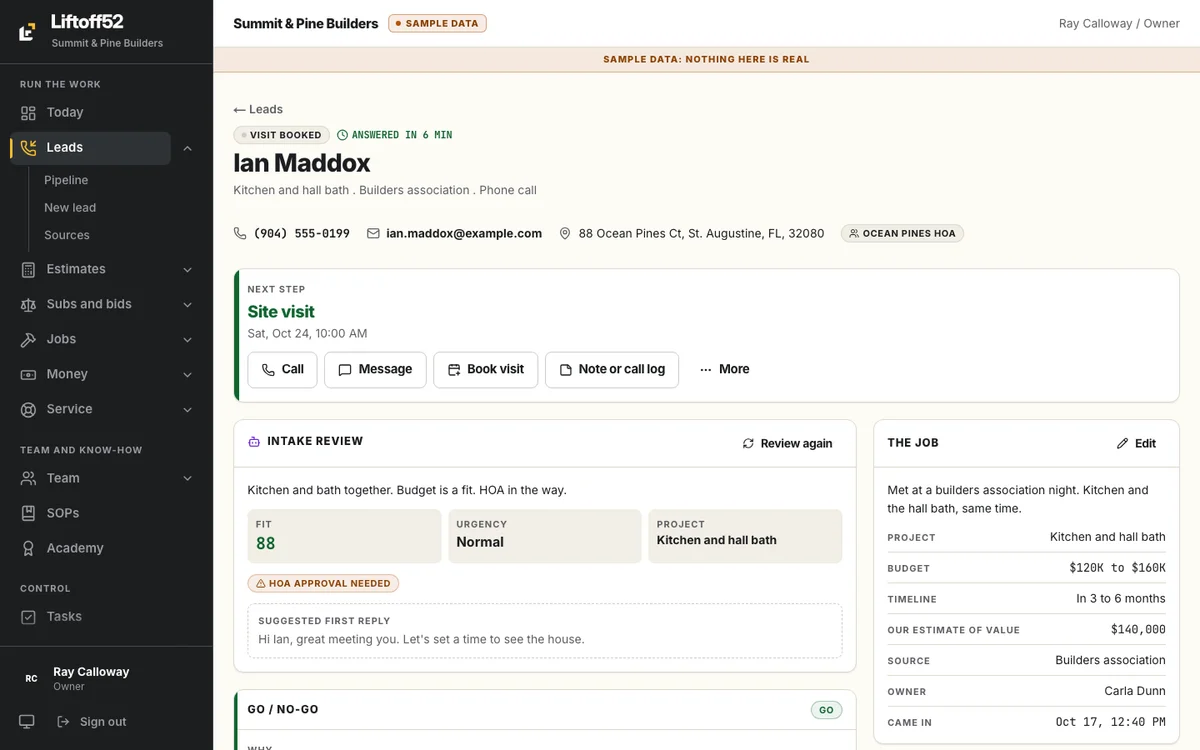 Liftoff52 lead record on a desktop: intake review, a go decision with reasons, and the job details. Sample data.