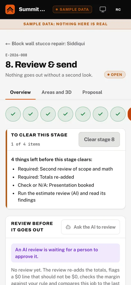 Sample screen. Owner phone: stage 8, review and send