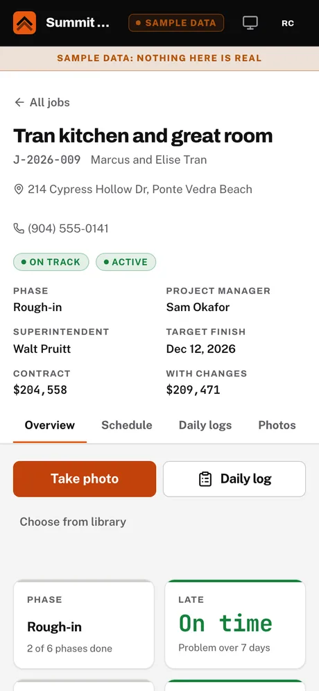 Sample screen. Owner phone: the job page