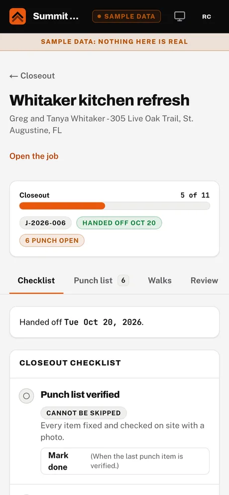 Sample screen. Owner phone: closeout for a job