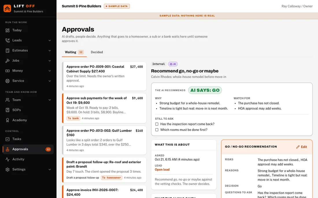 Sample screen. Team desktop: the approvals inbox