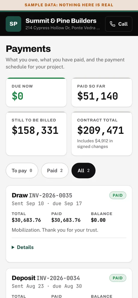 Sample screen. Homeowner phone: payments