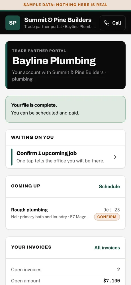 Sample screen. Trade partner phone: portal home